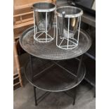 Two table top wine coolers to/with a pair of circular galvanised top coffee tables
