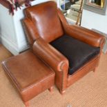 A bespoke French style studded brown leather armchair and stool (2)