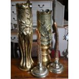 Two WW1 brass 'trench art' artillery shell cases and pair of single mounted antlers (4)