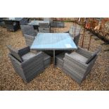 Brooks Rattan - a cube terrace table and four chair set, with footstools and cushions