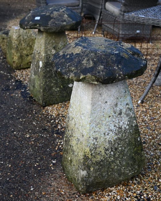 A pair of antique weathered staddle stones and caps