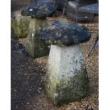 A pair of antique weathered staddle stones and caps