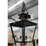 A pair of large contemporary Georgian style dark antiqued brass hanging lanterns