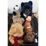Eight various soft toy bears, squirrel and raccoon