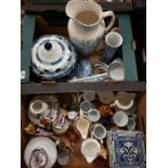 Three Victorian Minton & Hollings blue and white tiles and other decorative china