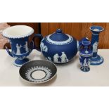 An Edwardian blue Jasper slip teapot applied with classical figures