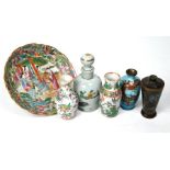 A Chinese Canoton famille rose dish to/w a scent bottle and four miniature vases (6)