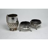 Pair of Victorian silver salts & Christening mug