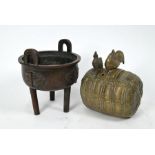 Chinese bronze tripod censer to/w a brass incense burner surmounted by cockerel and hen