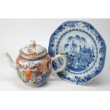A Chinese Qianlong period famille rose teapot to/w blue and white plate, Qing