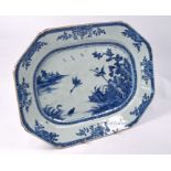 An 18th century Chinese export blue and white platter with cormorant fisherman, Qianlong period