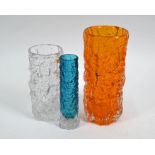 A Whitefriars bark-textured tangerine glass cylindrical vase and other vases