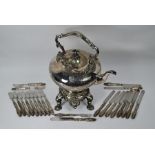 Large Victorian electroplated kettle on stand and silver-handled dessert knives