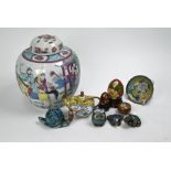 A Chinese famille rose ginger jar, Canton enamel miniature teapot and cloisonne ornaments