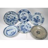 A group of six Ming and Qing dynasty Chinese export blue and white plates