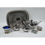 Epns three-piece tea service, silver cigarette case, etc.