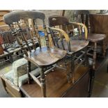 A pair of 19th century kitchen chairs together with a smokers bow elbow chair
