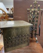 A brass coal box together with a fireside tidy