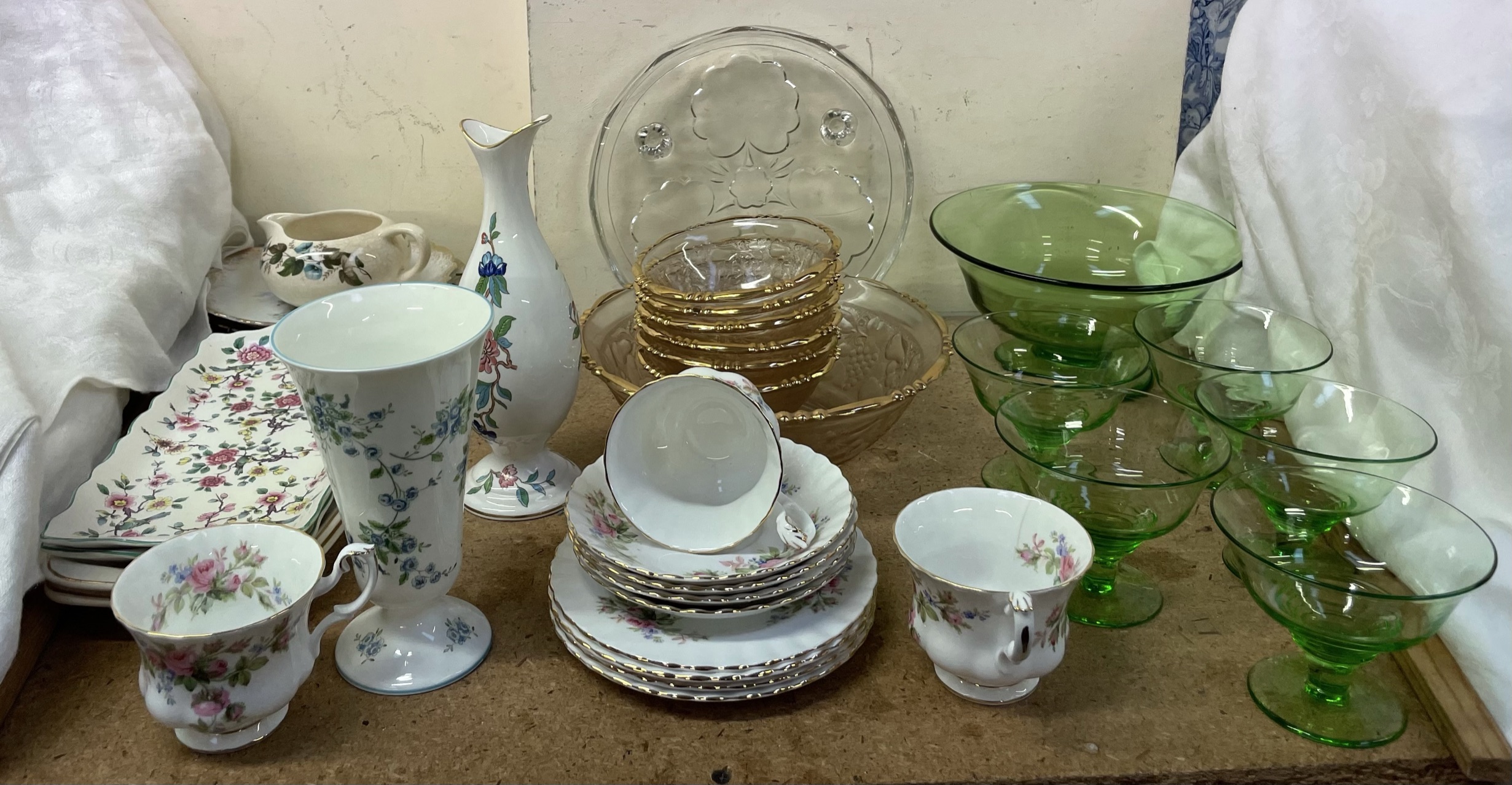 A Coalport vase together with a Royal Albert Moss Rose pattern part tea set, pottery plates,