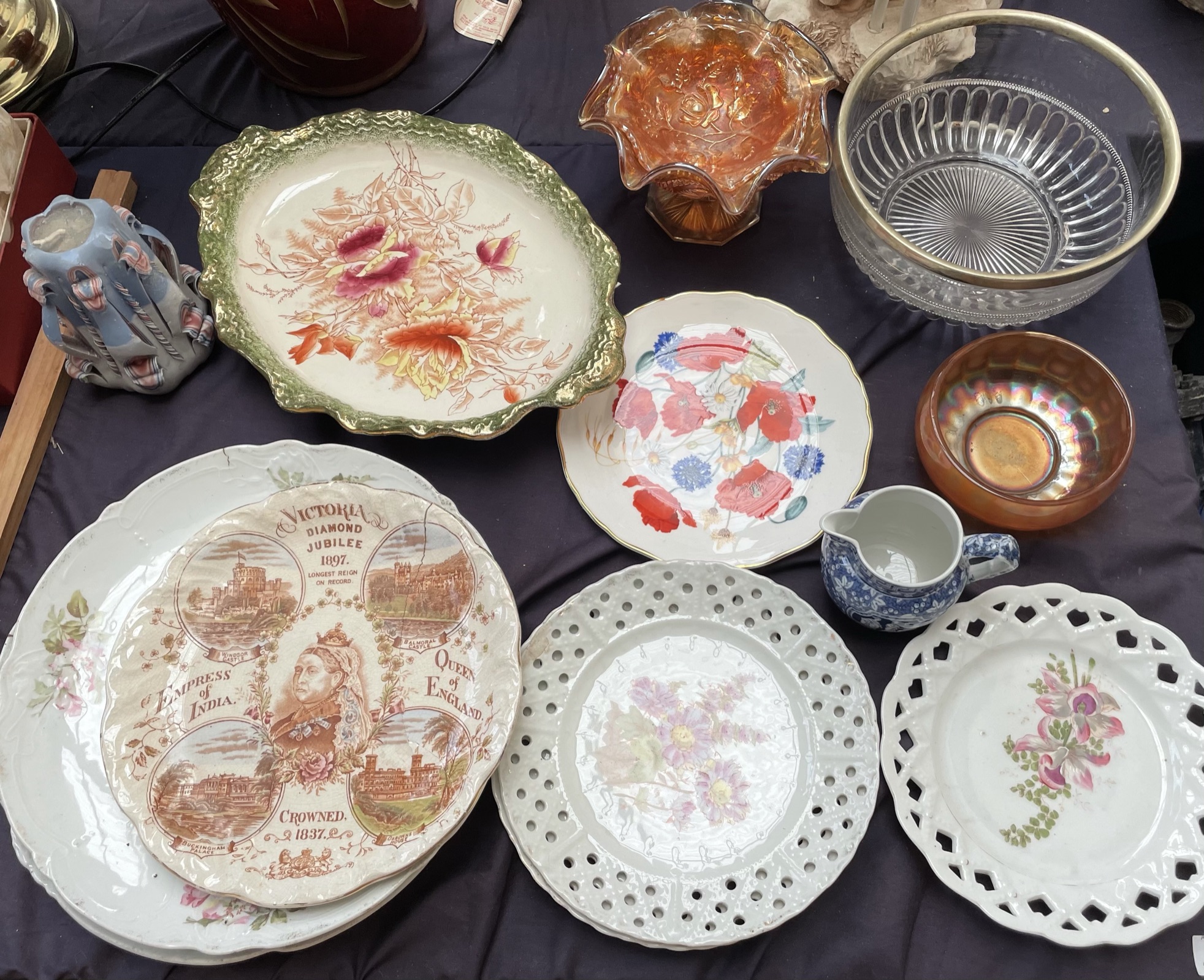 Carnival glass bowls together with assorted decorative plates etc
