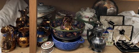 Assorted copper lustre jugs together with part dessert sets, sugar boxes and covers,