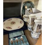 A Royal Worcester porcelain cake plate together with mugs,