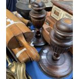 A bone fronted box together with leather cases, cast iron kettle, boot trees, treen candlesticks,