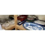 A blue and white pottery meat plate together with glass dishes, Royal Worcester cake plate,