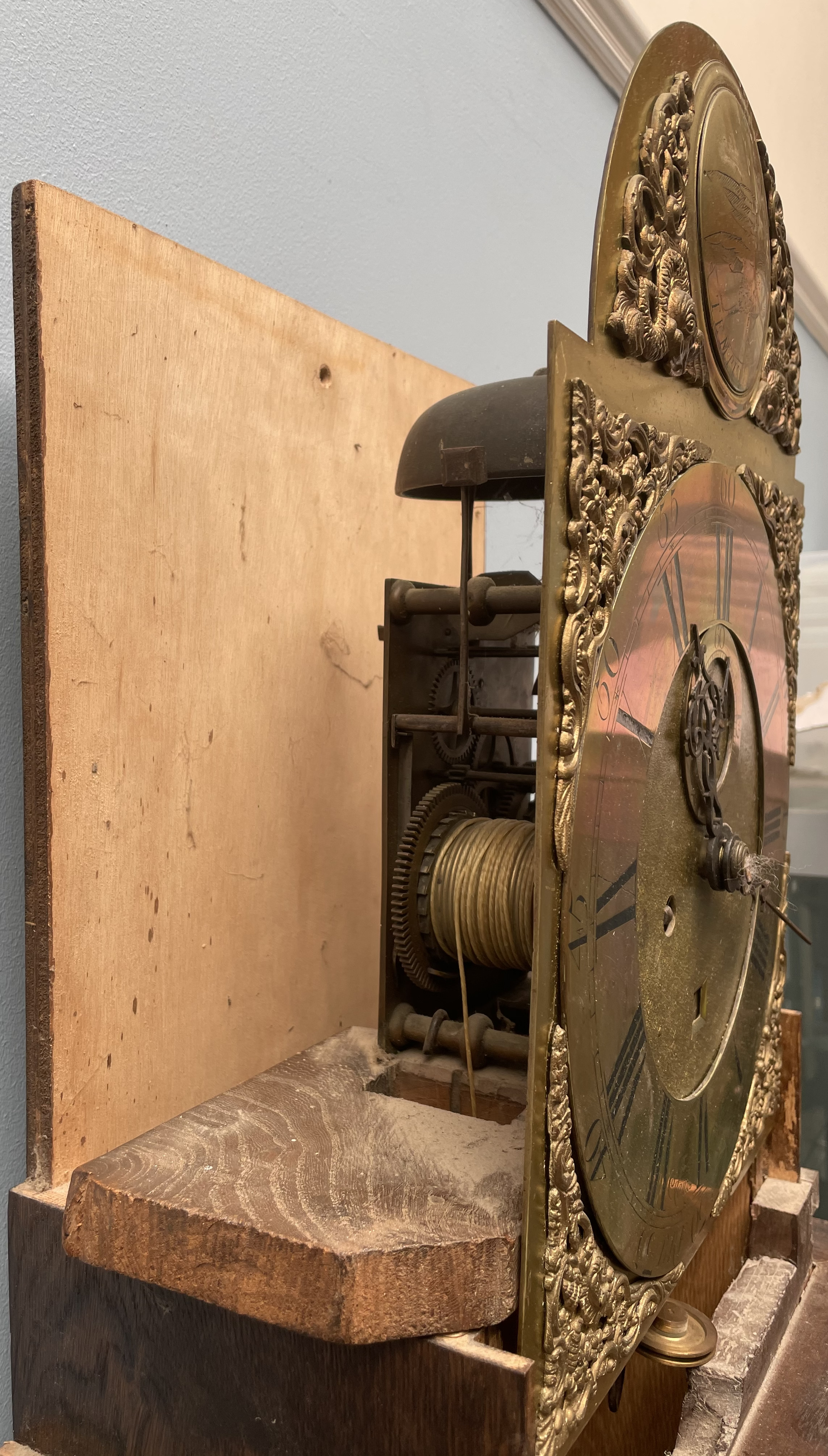 A 19th century oak longcase clock, the domed hood above a long trunk door with ogee arch, - Image 3 of 5