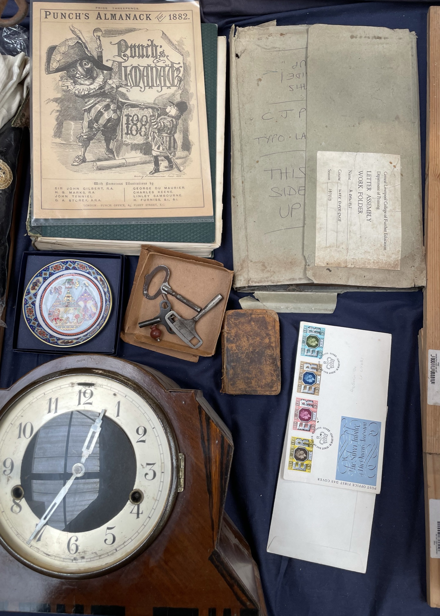 A printing set together with a walnut mantle clock, Punch pamphlet,