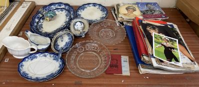 A Royal Doulton Sutherland pattern flo blue part dinner set together with commemorative plates,