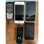 An iPhone 5, restored to factory settings, together with an 8GB iPod, an iPhone 4,