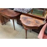 A 19th century mahogany card table with a D shaped top on square tapering legs together with a