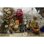 Assorted Babycham glasses together with a decanter and glasses, brasswares,