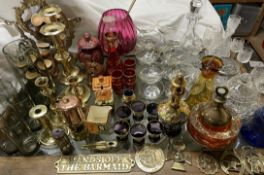 Assorted Babycham glasses together with a decanter and glasses, brasswares,
