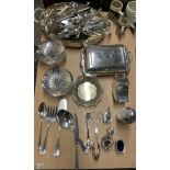 Assorted electroplated flatware together with an entree dish & cover, cocktail shaker, dishes,