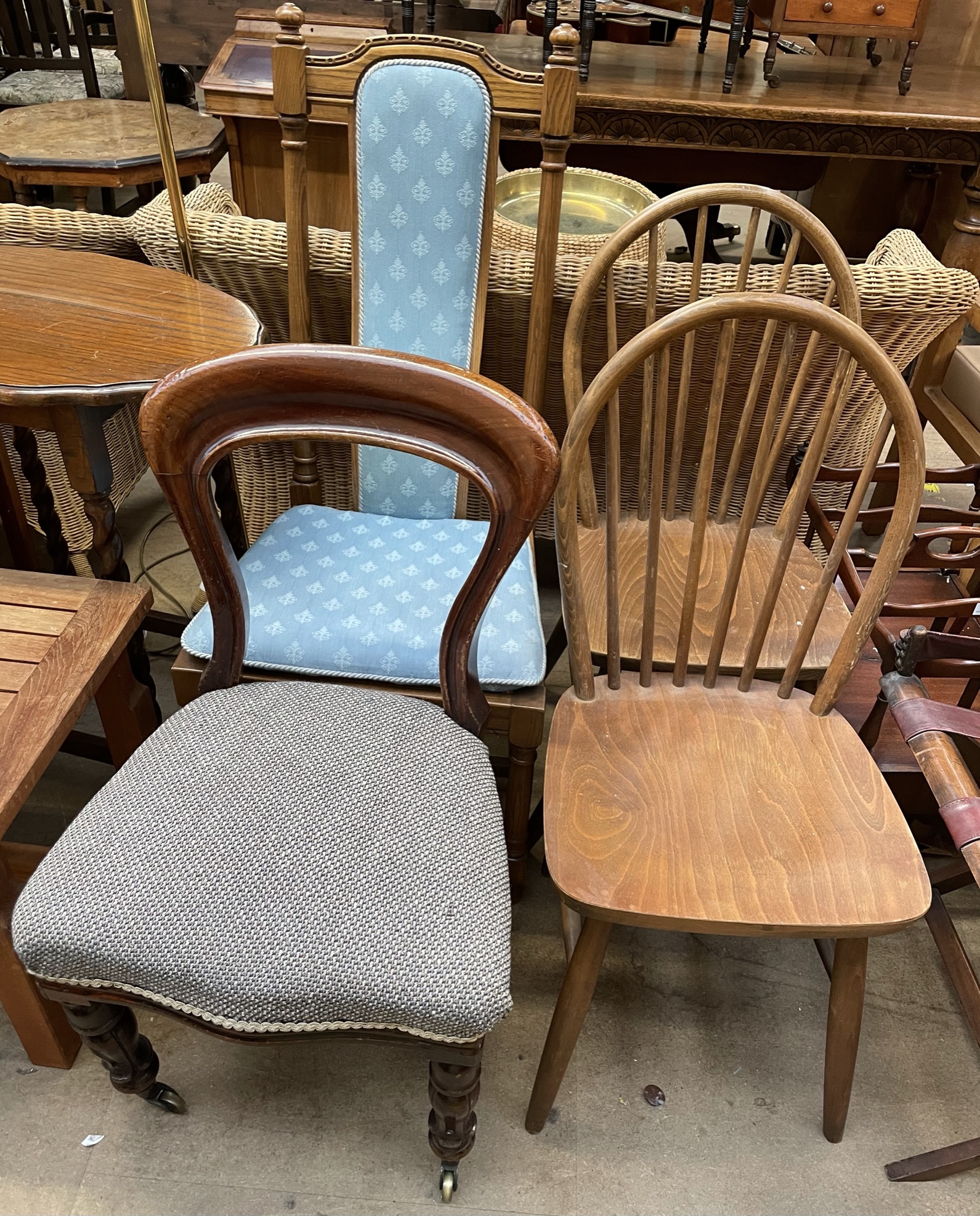 A Victorian mahogany dining chair together with another dining chair and a pair of stick back