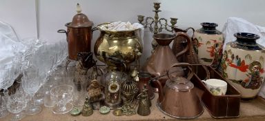 A pair of Japanese satsuma pottery vases together with a brass candelabra, copper jug,