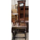 An Edwardian mahogany torchere together with a wine table and an oak side table