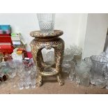 A collection of perfume bottles together with glass vases, glass sundae dishes, paperweights,