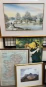 D H Brophy A snowy landscape Watercolour Signed Together with a collection of prints and a map of