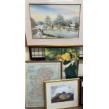 D H Brophy A snowy landscape Watercolour Signed Together with a collection of prints and a map of
