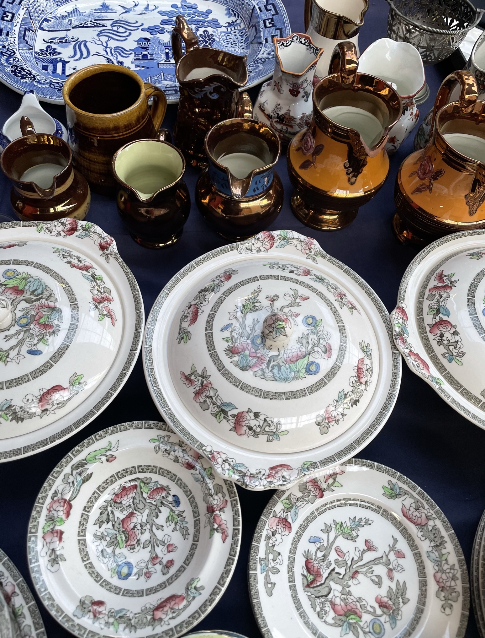 An Indian tree pattern part tea and dinner service together with copper lustre jugs, - Image 3 of 3