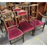 A set of three Edwardian rosewood inlaid salon chairs together with a pair of Edwardian mahogany
