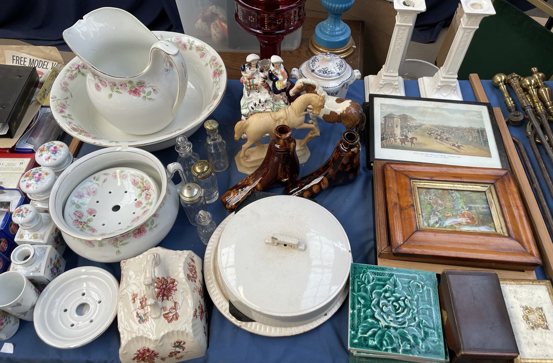 A Beswick horse together with pottery tiles, shoe liquer flasks, prints, Staffordshire figure group,