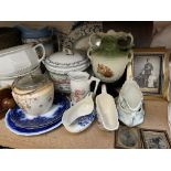 Various pottery meat plates together with flo blue plates, other plates, pottery twin handled vase,