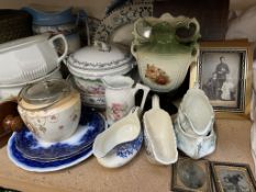 Various pottery meat plates together with flo blue plates, other plates, pottery twin handled vase,