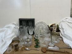 A Waterford glass vase together with other glasswares, silver napkin ring, silver cream jug,