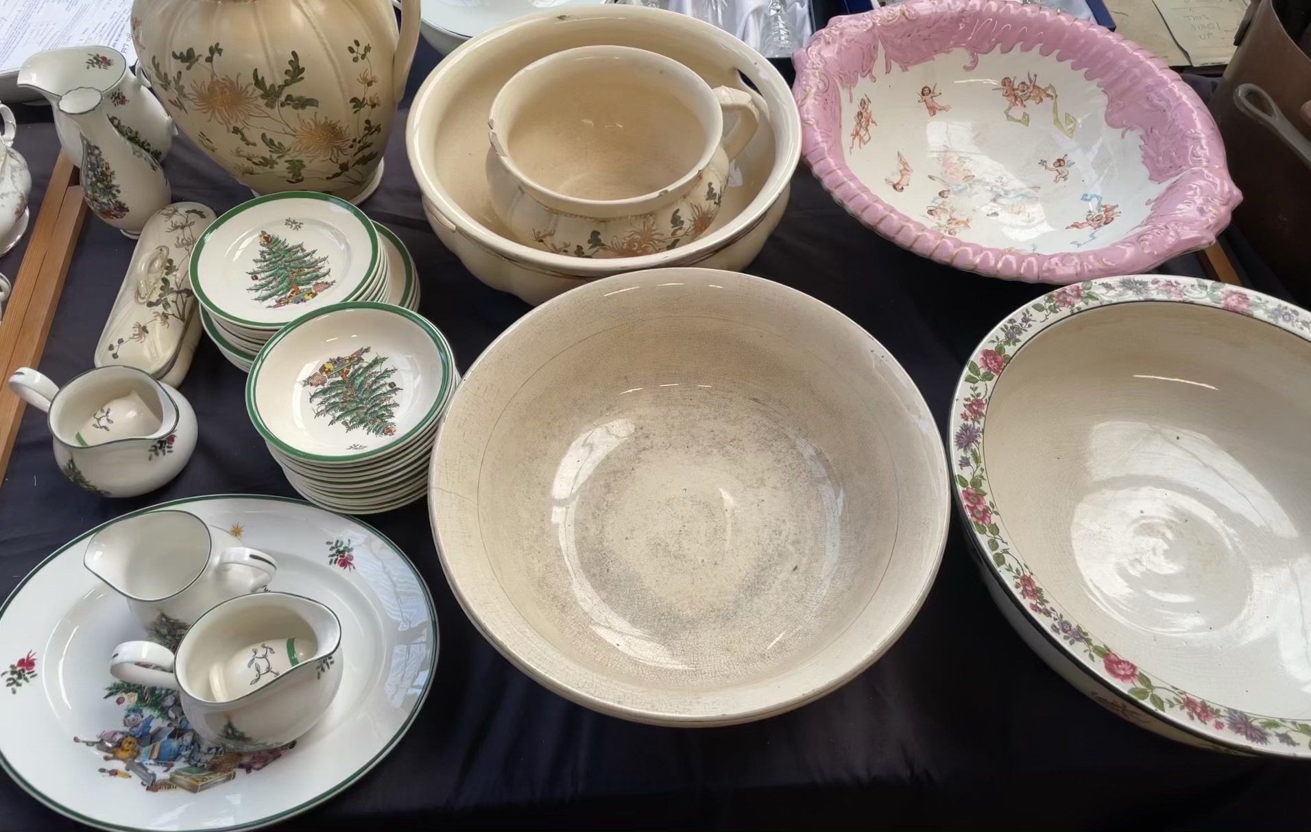 A Spode Christmas Tree pattern part dinner set together with pottery jug and basin sets etc