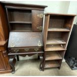 A late 19th century oak bureau bookcase on cabriole legs together with a pair of oak bookcases